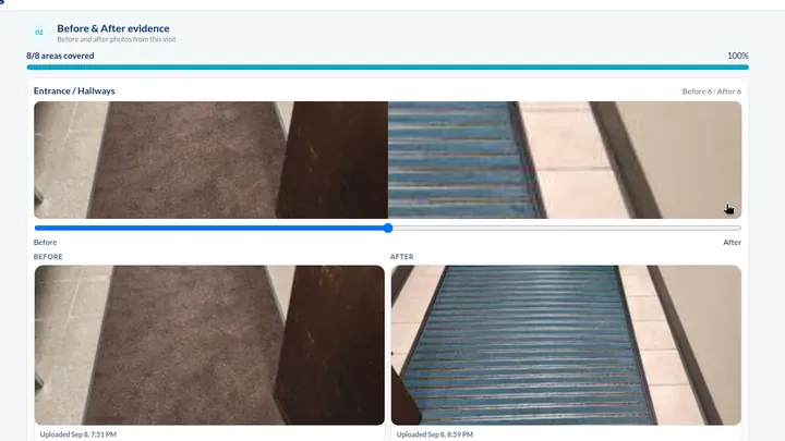 Before and after photos by area in a Chow service report