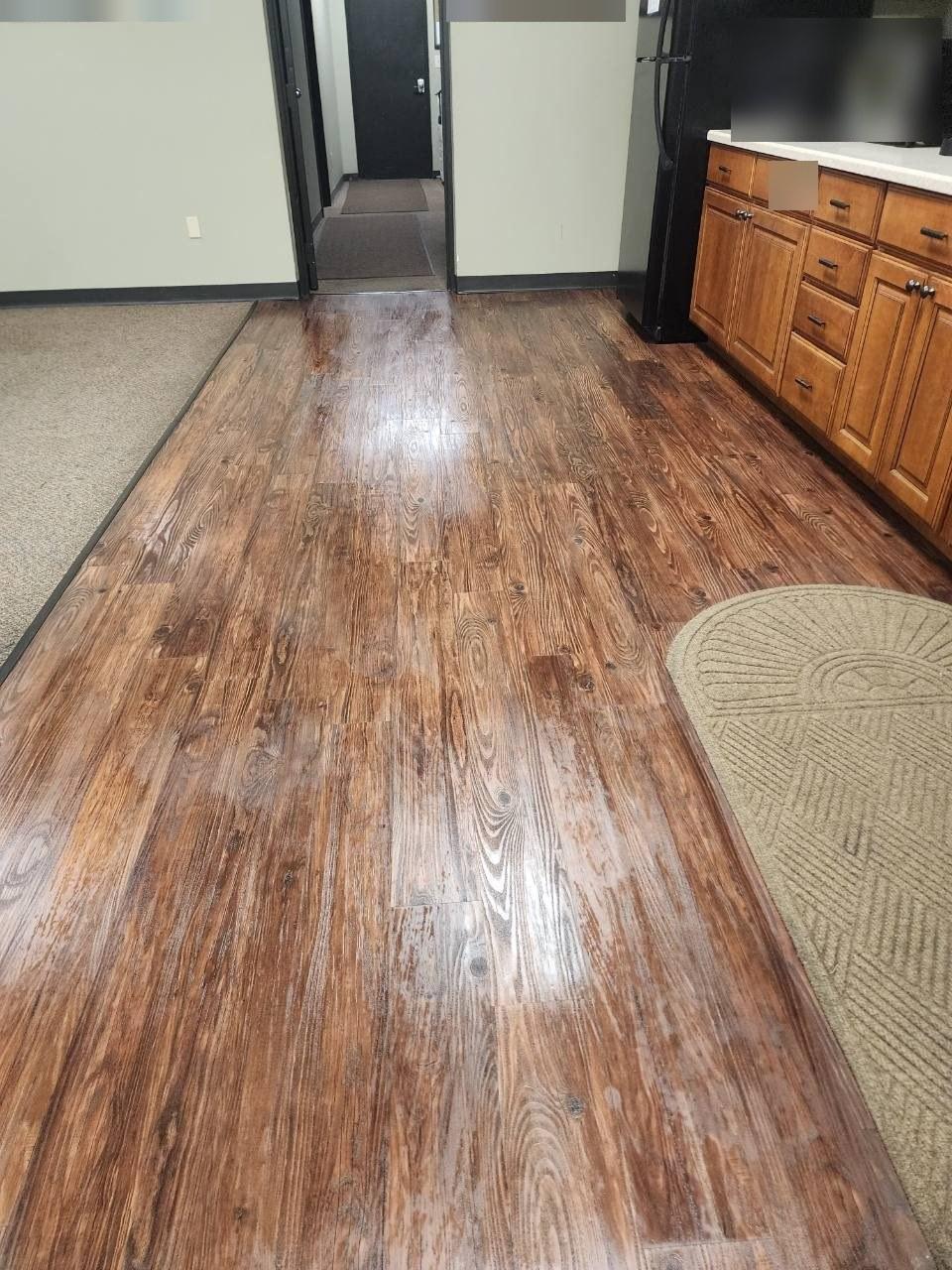 Distribution center break room floor after mopping
