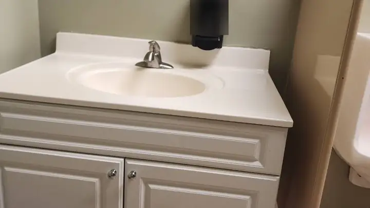 Restroom vanity and sink after a Chow visit