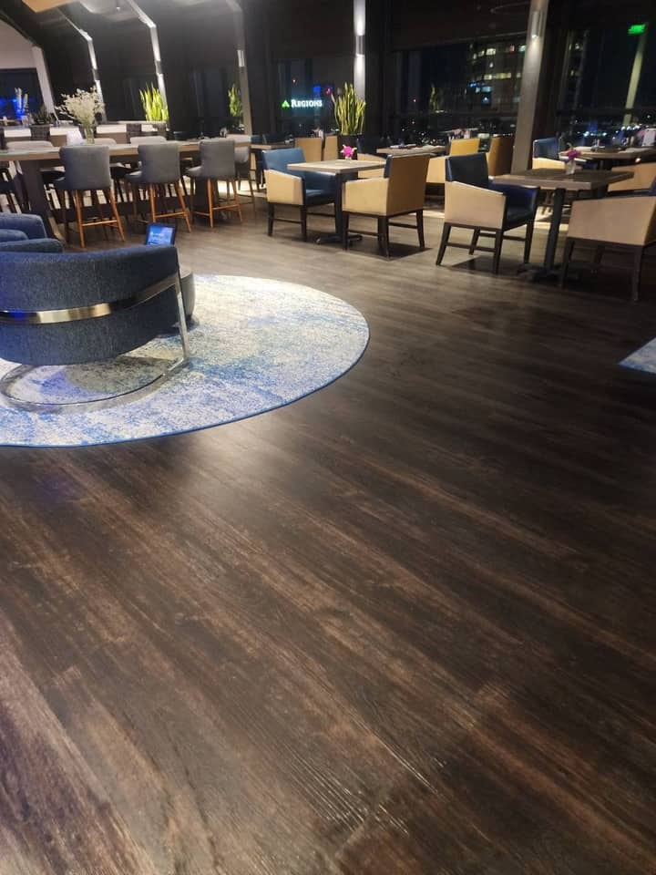 Hard floor care detail in the lounge of a private Indianapolis club, documented in the Chow Connections service report