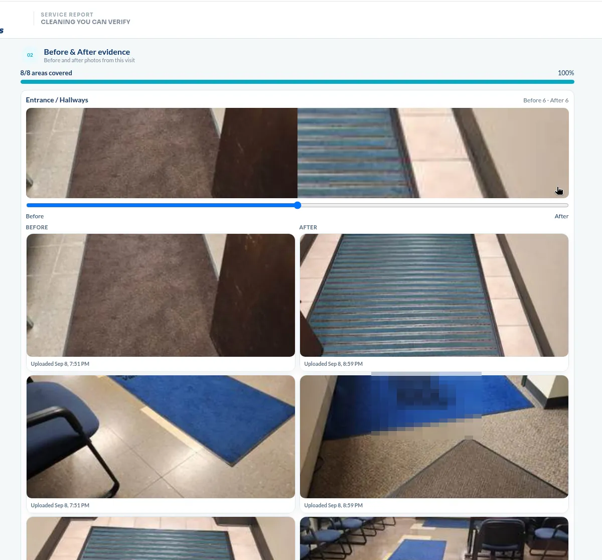 Before and after photos by area in a Chow service report