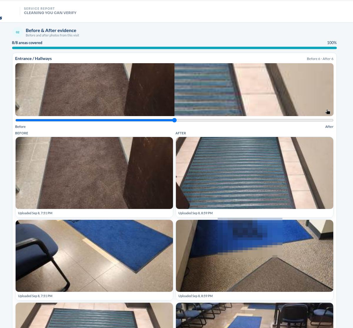 Before and after photos by area in a Chow service report
