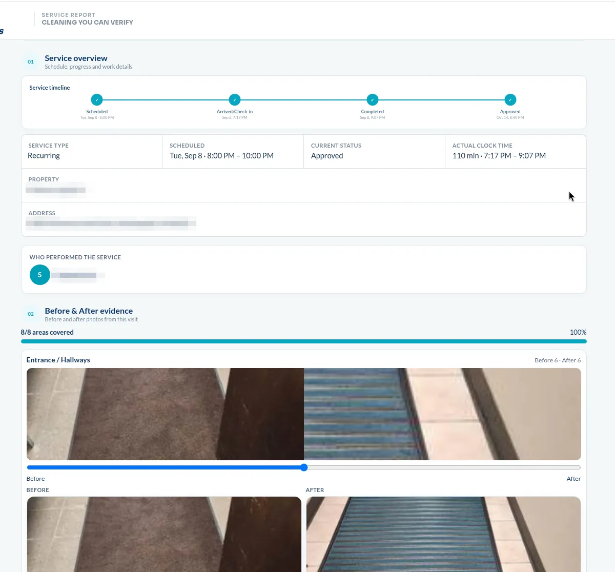Digital check-in and visit timeline in a Chow service report