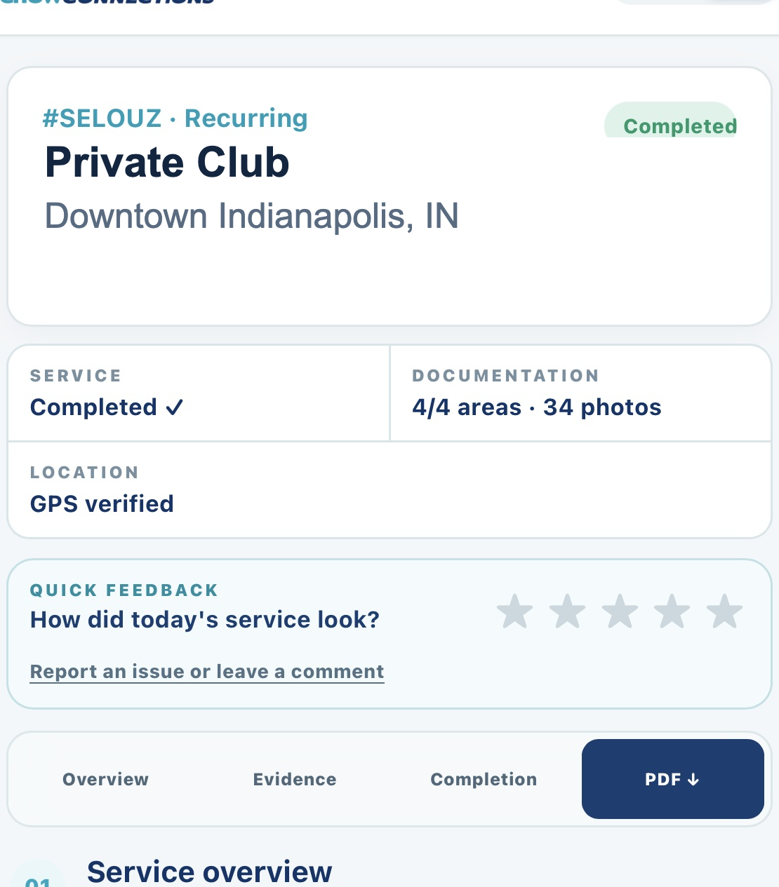 Commercial cleaning service report for an Indianapolis facility showing completed status, 4 of 4 areas documented, 34 photos, and GPS-verified location