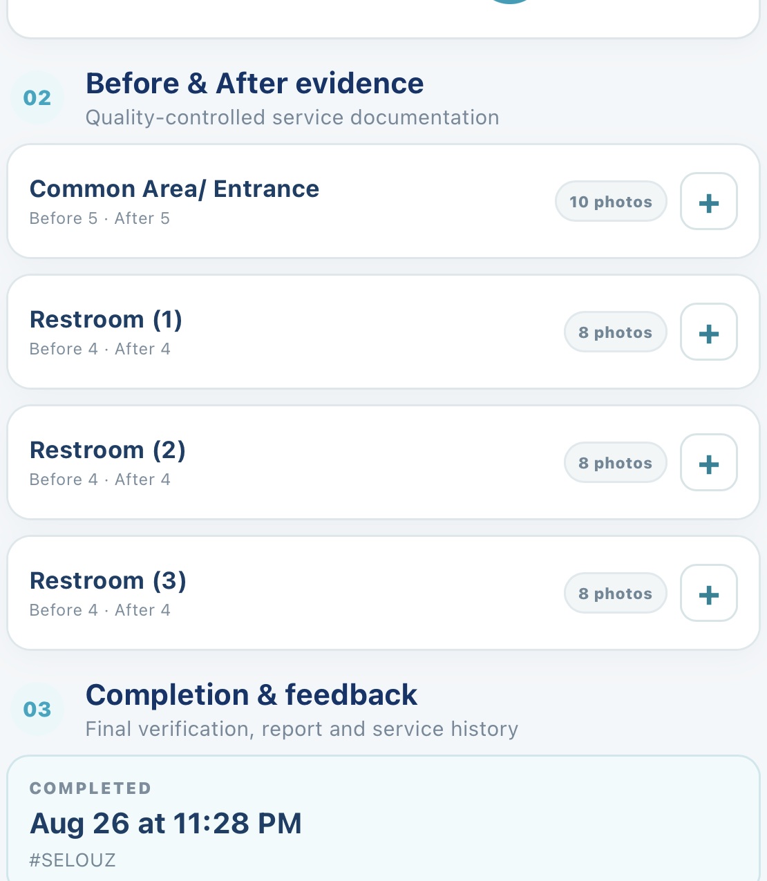 Service report evidence section listing common area and three restrooms with before and after photo counts, and the completion timestamp for the visit